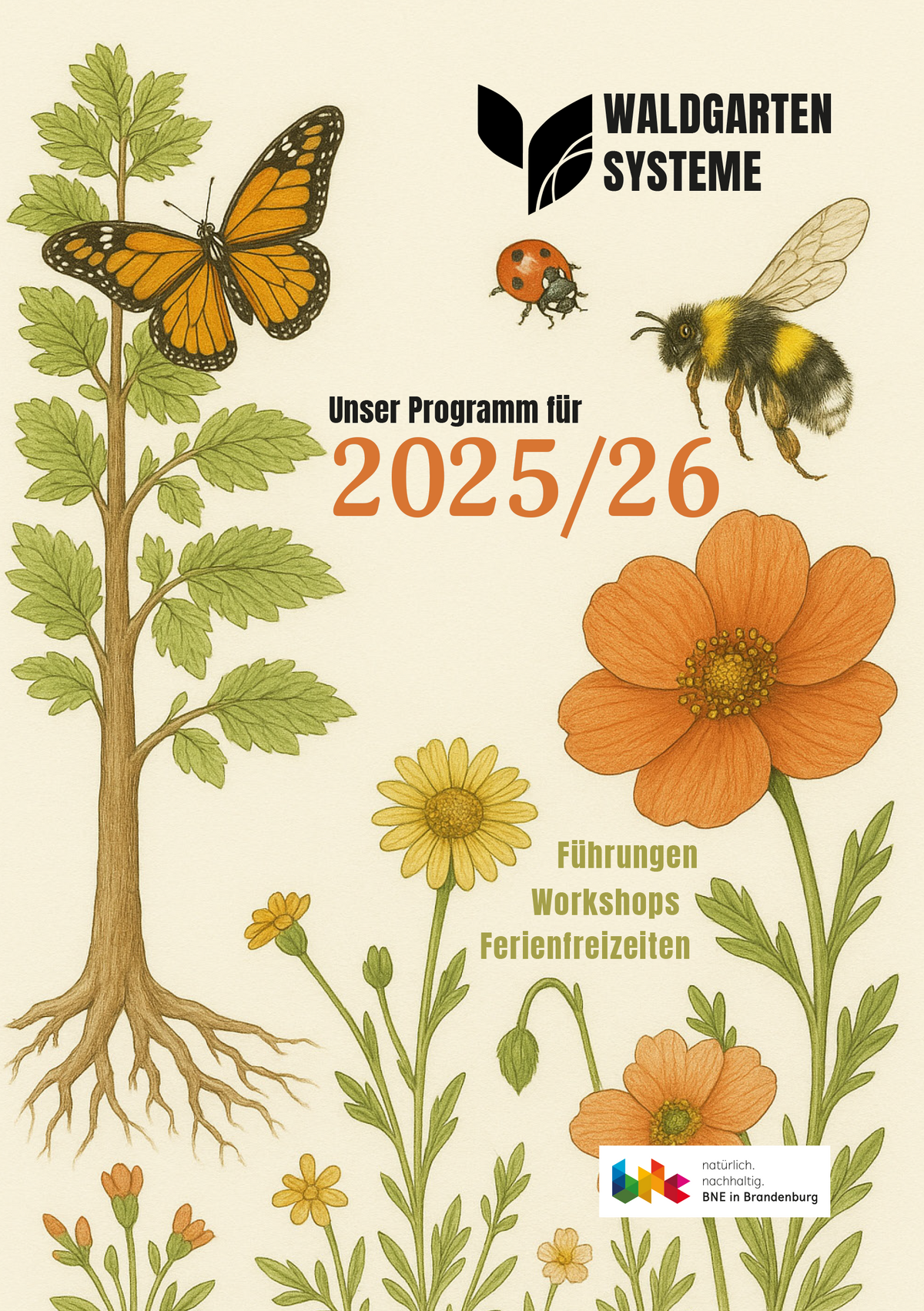Titelblatt des Bildungsprogramms des Projekts Waldgartensysteme, 2025-2026